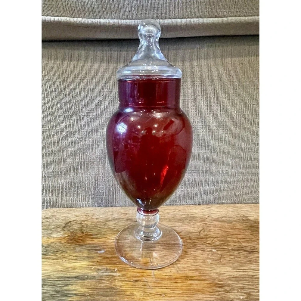 Vintage Ruby Red Glass Apothecary Jar Clear Pedestal Stem Lidded Candy Dish